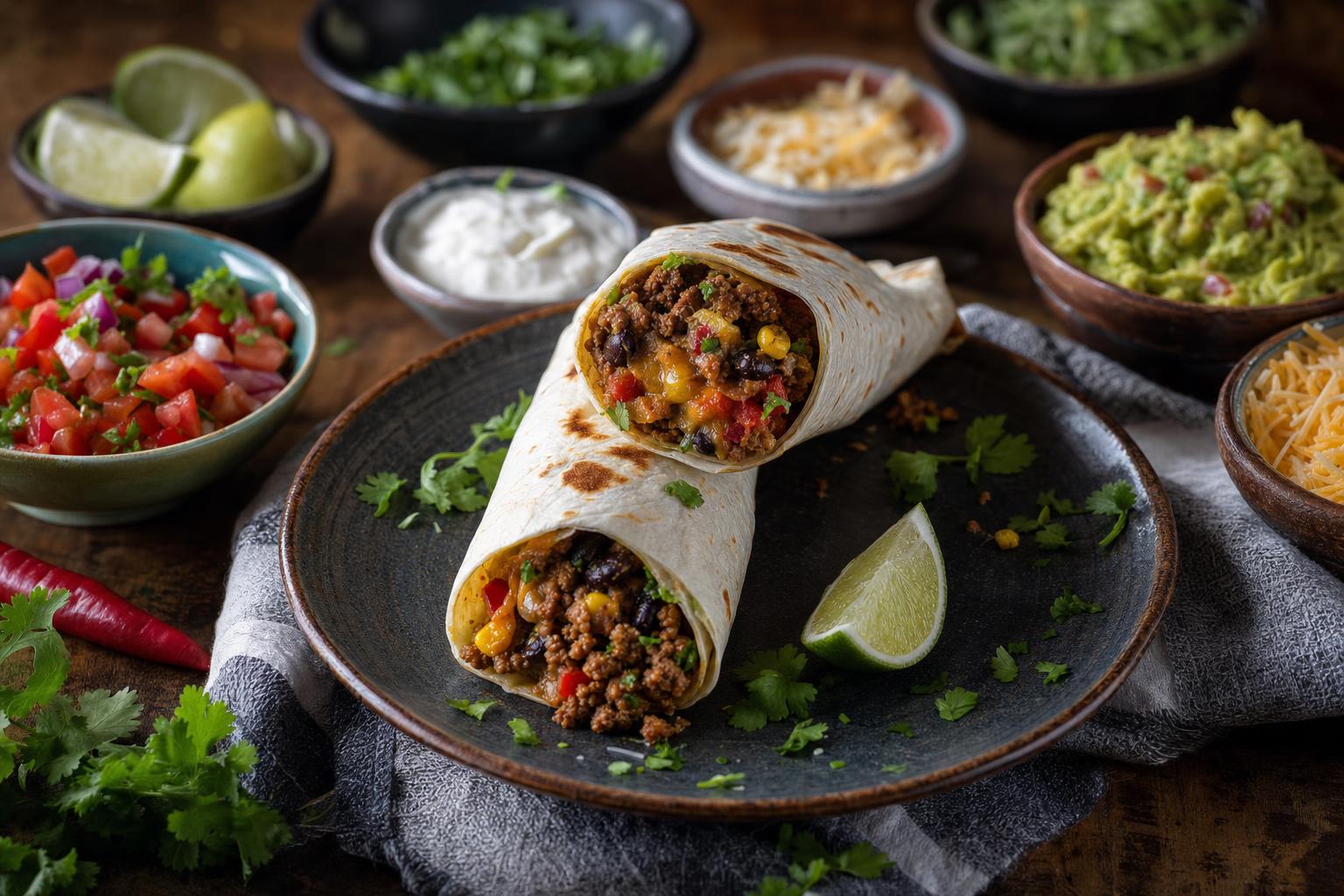 Zwei gefüllte Burritos mit Fleisch, Käse und frischen Kräutern auf dunklem Teller, daneben bunte Zutaten in kleinen Schalen.