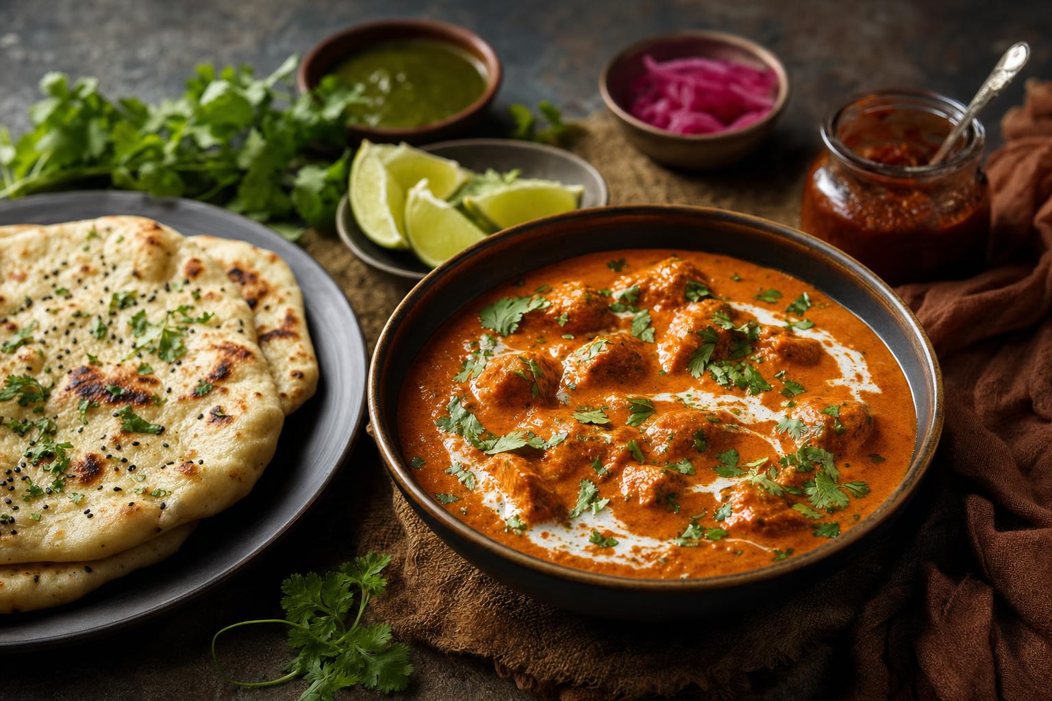 Schüssel mit cremigem Butter Chicken, garniert mit Koriander, dazu Naanbrot, Limettenspalten, frische Kräuter und Chutneys im Hintergrund.