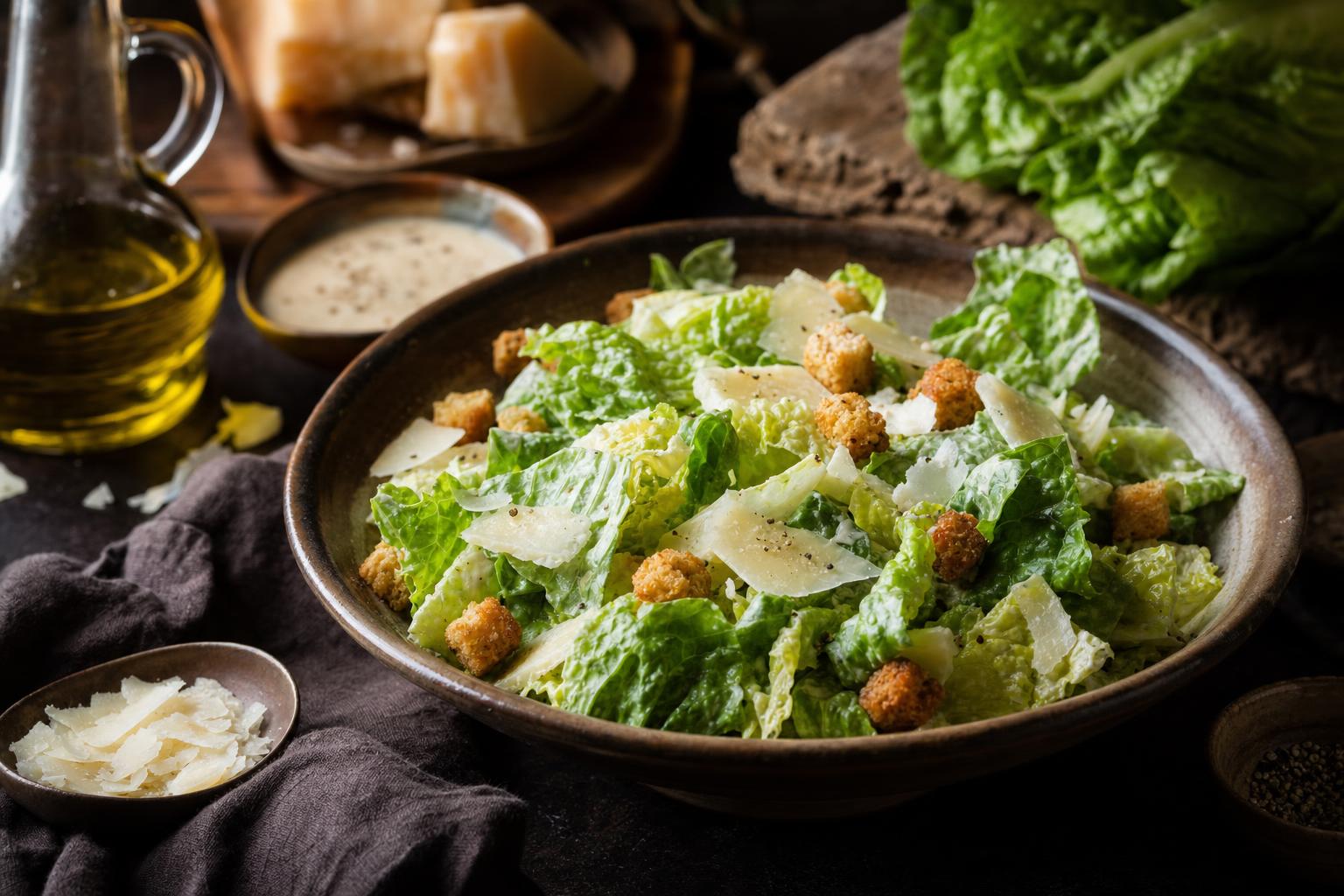Caesar Salad mit Römersalat, knusprigen Croutons und Parmesanspänen in einer Schüssel, dazu Dressing und Zutaten im Hintergrund.
