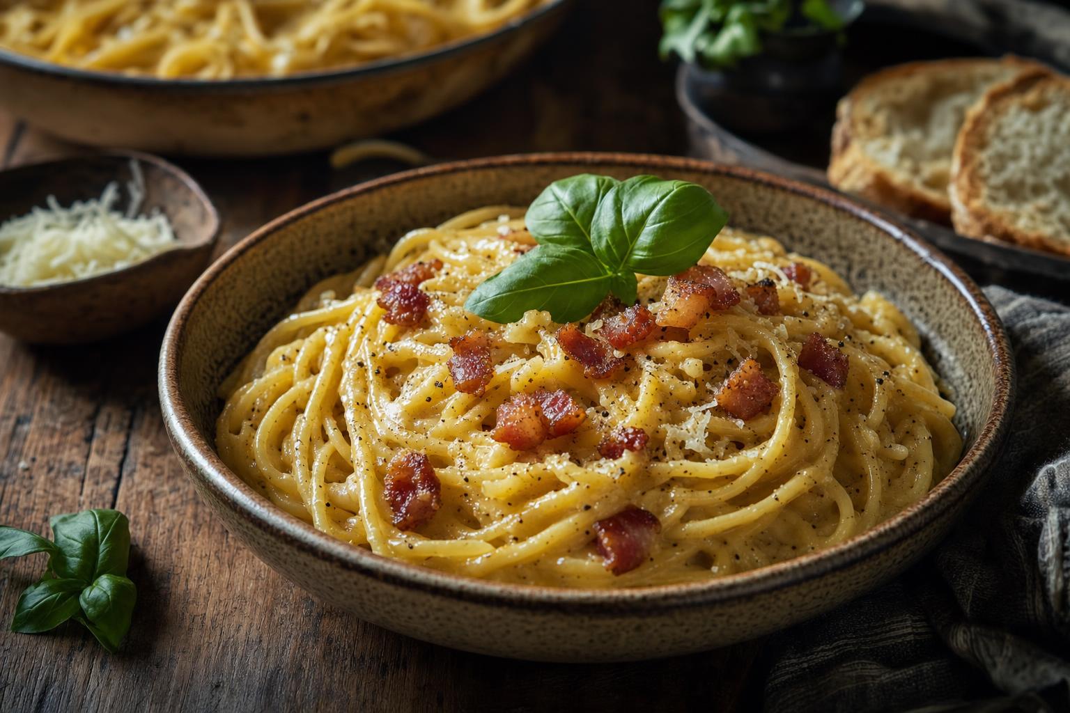 Spaghetti Carbonara mit cremiger Sauce und knusprigem Guanciale in einer Schüssel, garniert mit Basilikum, auf Holztisch serviert.