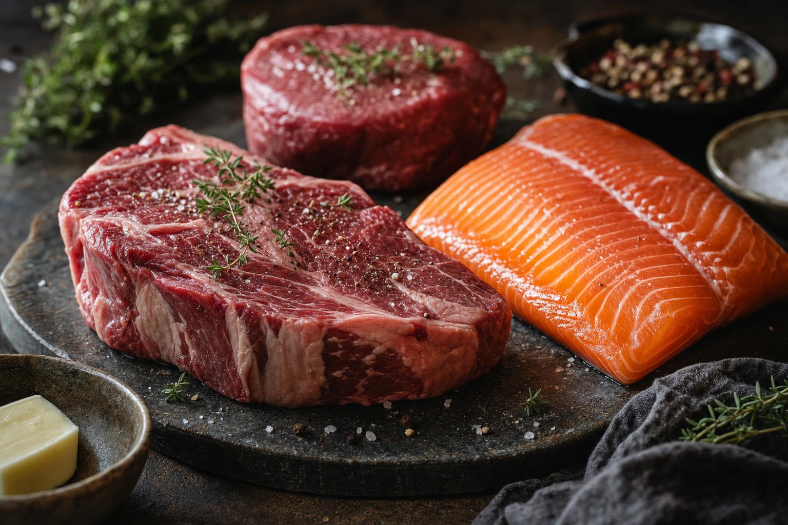 Rohe Lachsfilets und Rindersteaks liegen nebeneinander auf zerstoßenem Eis, frisch und farbintensiv angerichtet.
