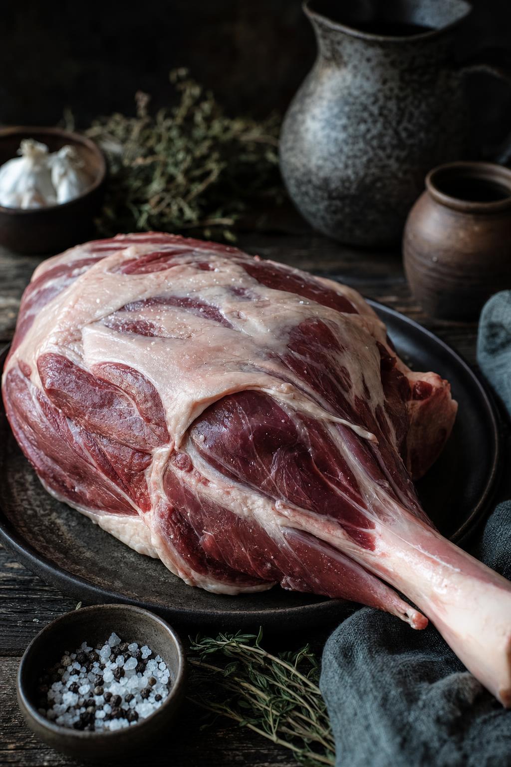 Großes, rohes Stück rotes Fleisch mit Knochen auf Metzgerpapier, gut marmoriert, im Zentrum des Bildes, natürliche Beleuchtung.