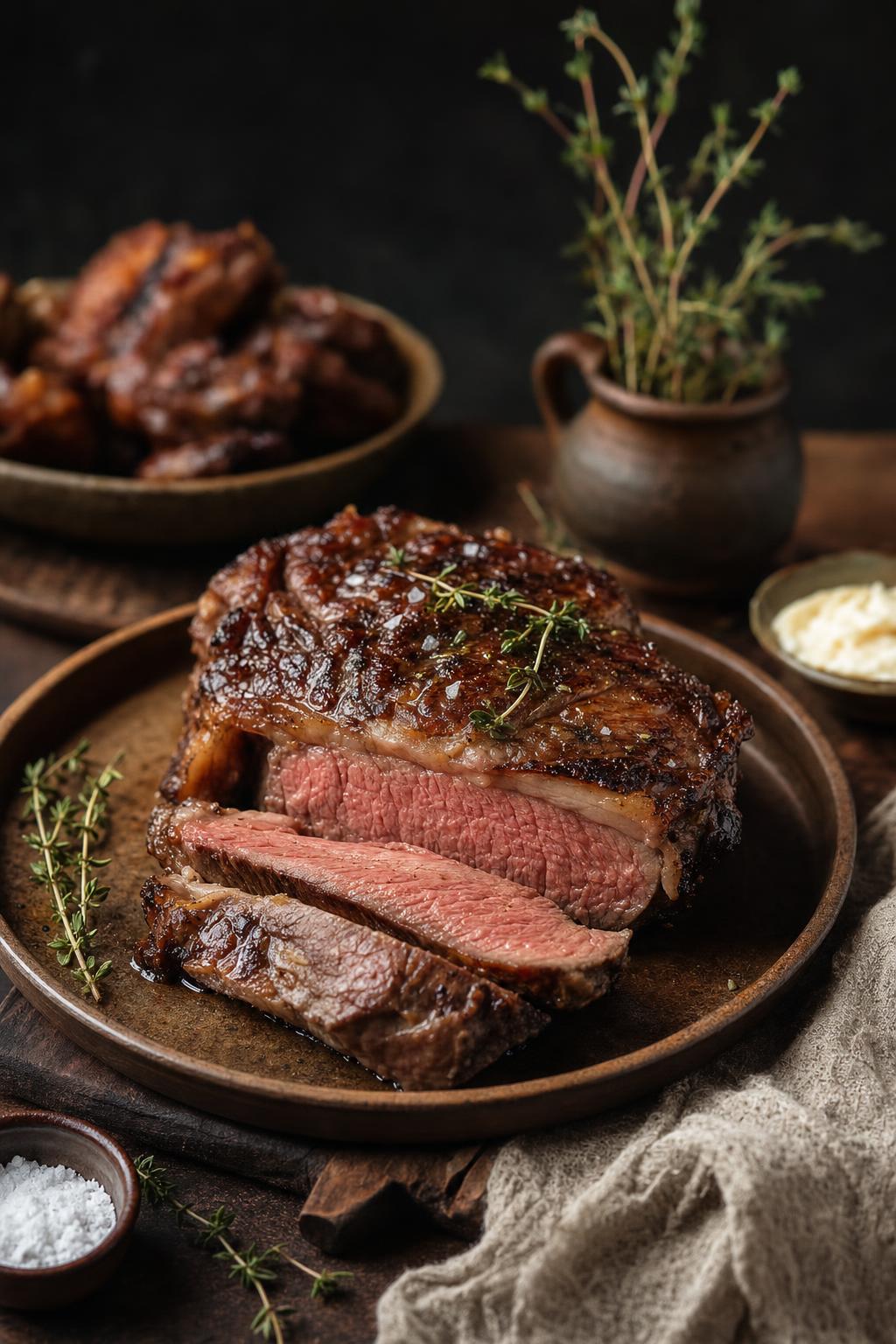 Ein saftiges Steak wird auf einem Grill über offener Flamme gegart, Rauch und Glut betonen die rustikale Zubereitung.