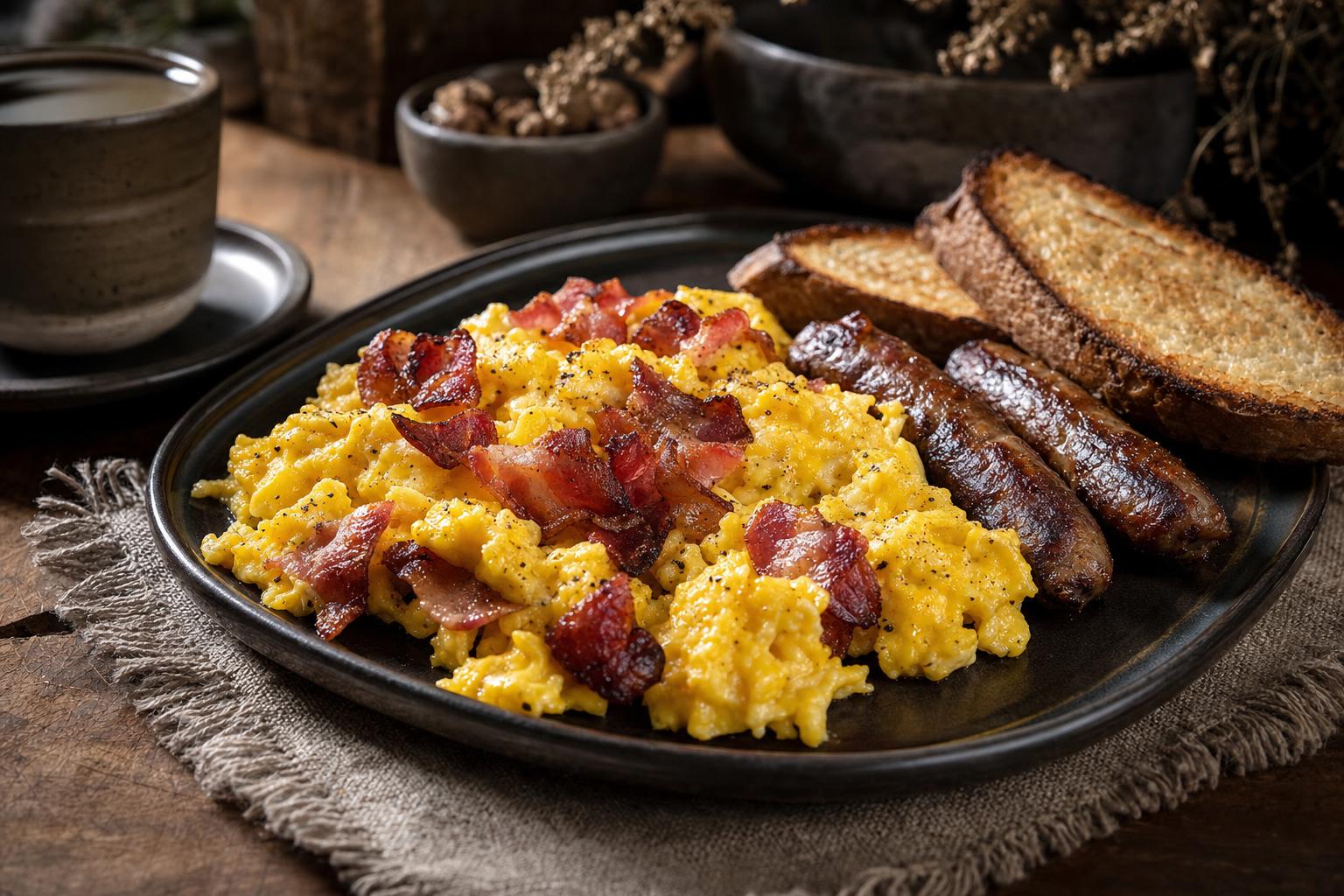 Carnivore Ernährungsplan – Rührei mit knusprigen Baconstücken auf einem dunklen Teller, im Hintergrund geröstetes Brot, warmes Licht, Fokus auf Eier und Speck.