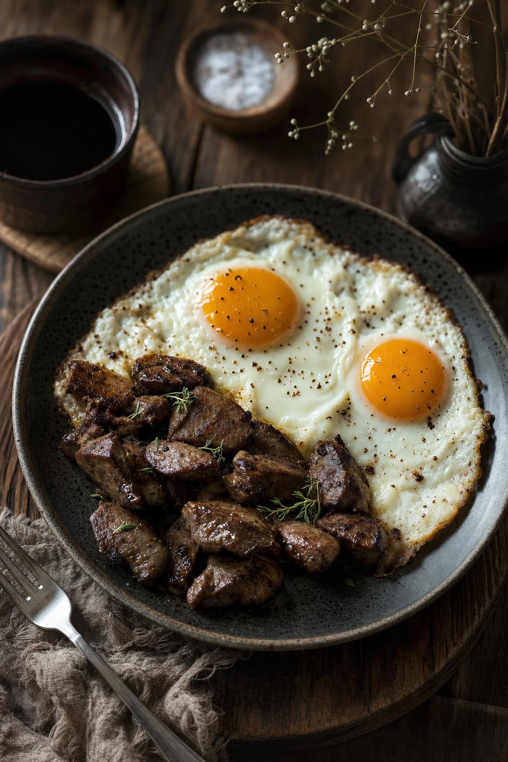 Carnivore Ernährungsplan – Drei Spiegeleier mit intakten Eigelben in einer schwarzen Pfanne, bestreut mit Pfeffer, von natürlichem Licht seitlich beleuchtet.