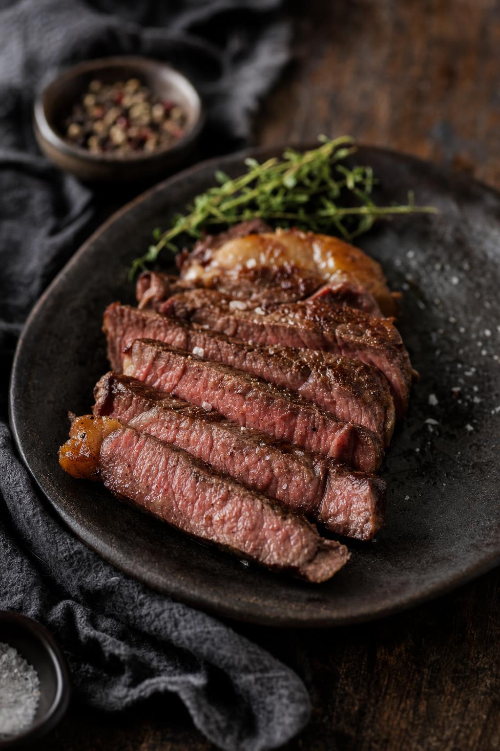 Carnivore Ernährungsplan – Mehrere dicke Scheiben gegrilltes oder gebratenes Fleisch mit dunkler Kruste und saftigem Inneren auf einem Holzbrett angerichtet.