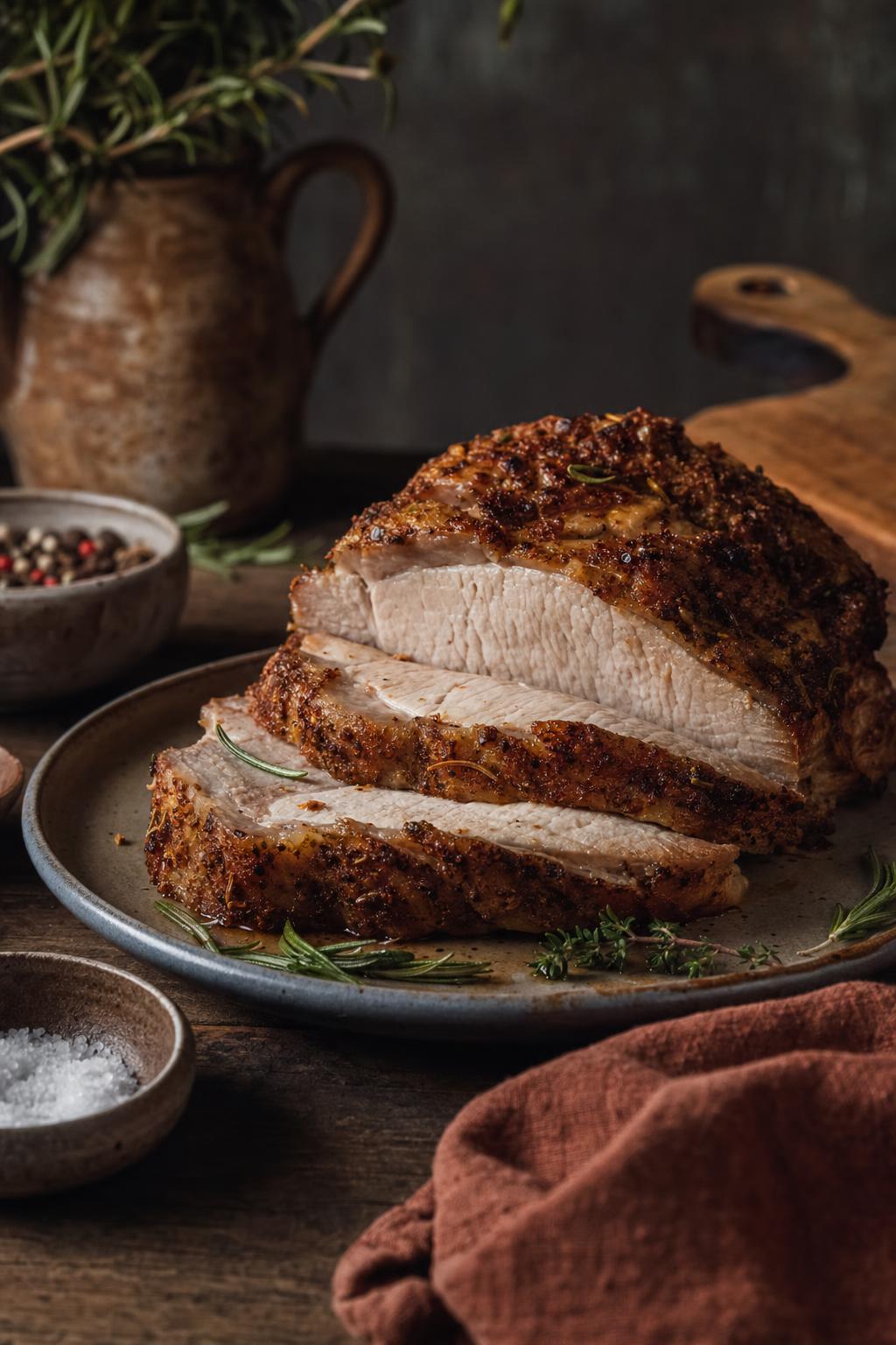Carnivore Ernährungsplan – Saftiger Schweinebraten wird auf einem rustikalen Holzbrett in dicke Scheiben geschnitten, im Vordergrund Messer und Hand.
