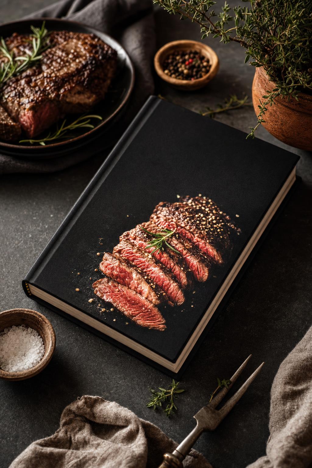 Carnivore Kochbuch – Aufgeschnittenes, saftiges Steak mit Kräutern auf dunklem Untergrund, kräftig ausgeleuchtet, im Mittelpunkt des Bildes.