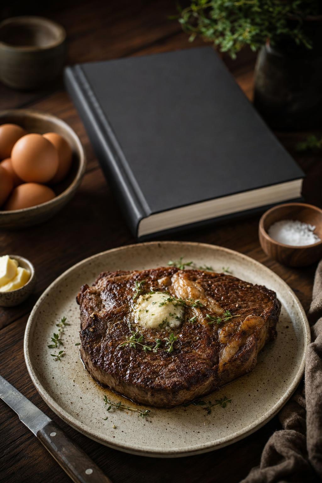 Ein bärtiger Mann hält ein rohes Steak und ein großes Messer, vor gelbem Hintergrund, auf dem Cover eines Carnivore-Kochbuchs.