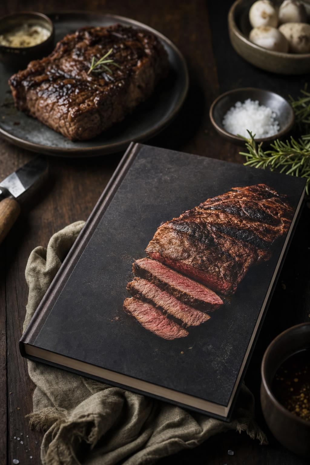 Carnivore Kochbuch – Aufgeschnittenes, gegrilltes Steak auf Holzbrett mit Messer und Gabel, rustikal angerichtet.