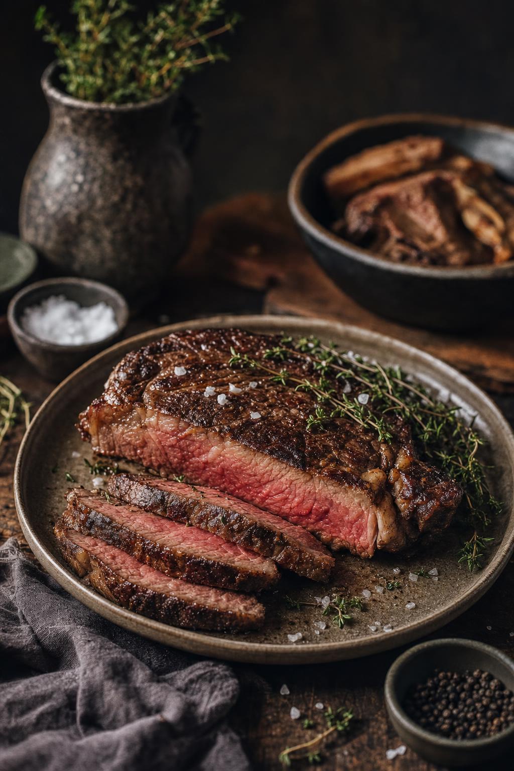 Carnivore Kochbuch – Mehrere dicke Scheiben gegrilltes Steak auf einer Gabel, mit frischen Kräutern garniert, vor schwarzem Hintergrund.