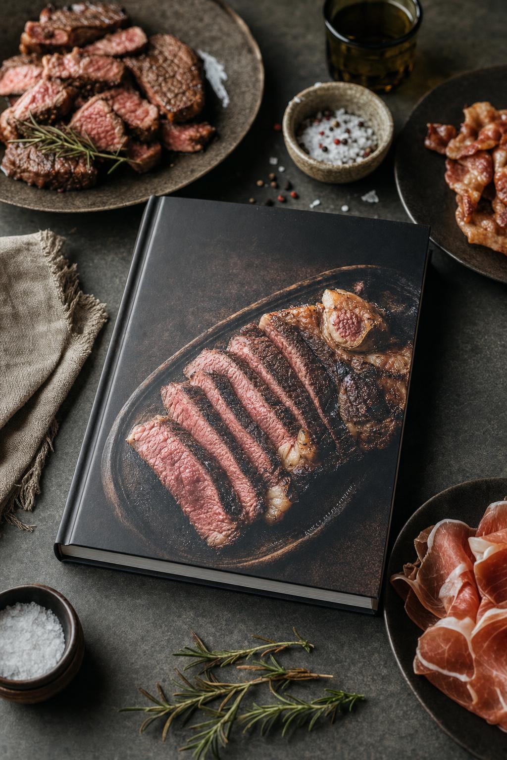 Carnivore Kochbuch – Verschiedene gebratene und aufgeschnittene Fleischsorten wie Steak und Schinken auf einem Holzbrett mit kleinen Schalen Gewürzen.