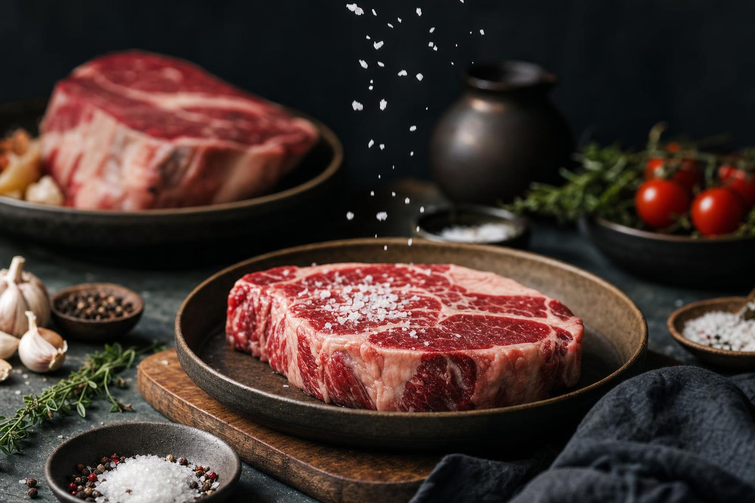 Carnivore Kochbuch – Rohes Steak auf Holzbrett wird mit grobem Salz bestreut, daneben weitere Steaks, Gewürze, Gemüse und Kräuter, dunkler Hintergrund.