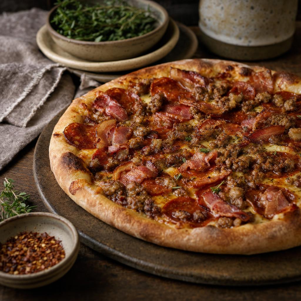 Carnivore Pizza – Herzhafte Pizza mit goldbraunem Rand, belegt mit Salami, Wurst und Speck, auf dunklem Holz serviert.