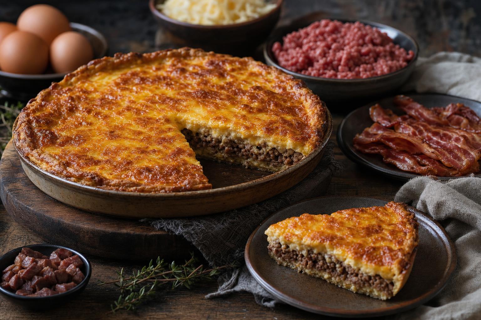 Runde Quiche mit goldbrauner Käsekruste und sichtbarer Hackfleischschicht, ein Stück auf Teller, umgeben von Eiern, Käse und Speck.