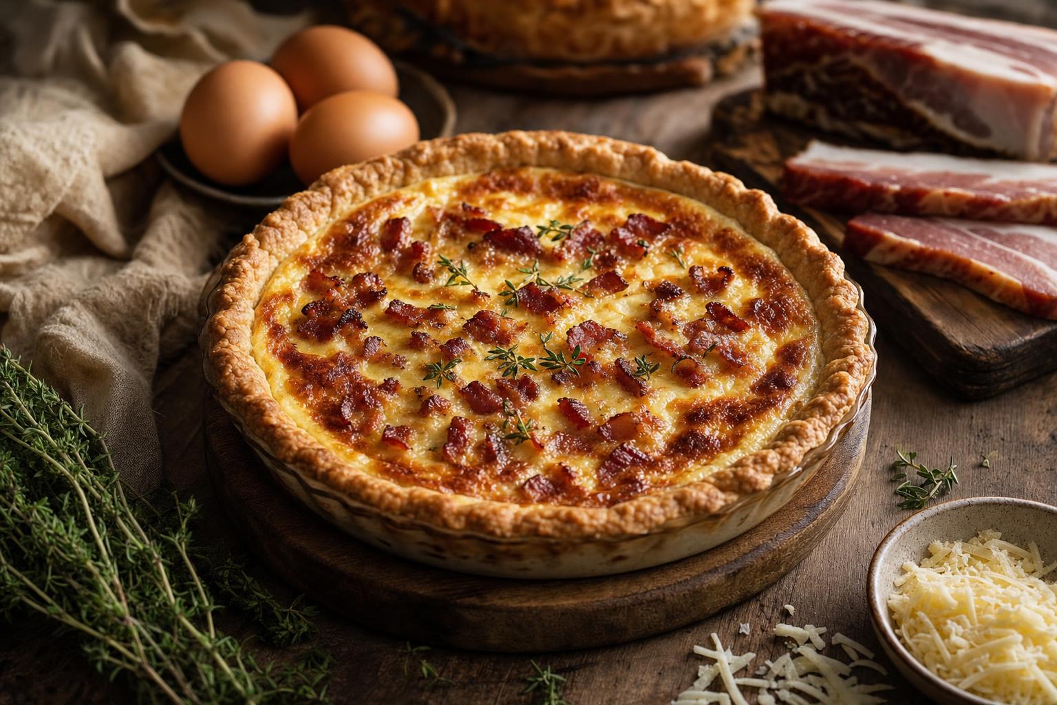 Frisch gebackene Quiche mit goldbrauner Kruste, belegt mit knusprigem Bacon und Kräutern in einer Glasform auf Holztisch.