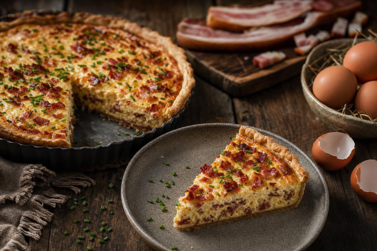 Herzhafte Quiche mit knusprigem Bacon und Schnittlauch in einer Glasform, ein Stück auf Teller, daneben Eier und Speck auf Holztisch.