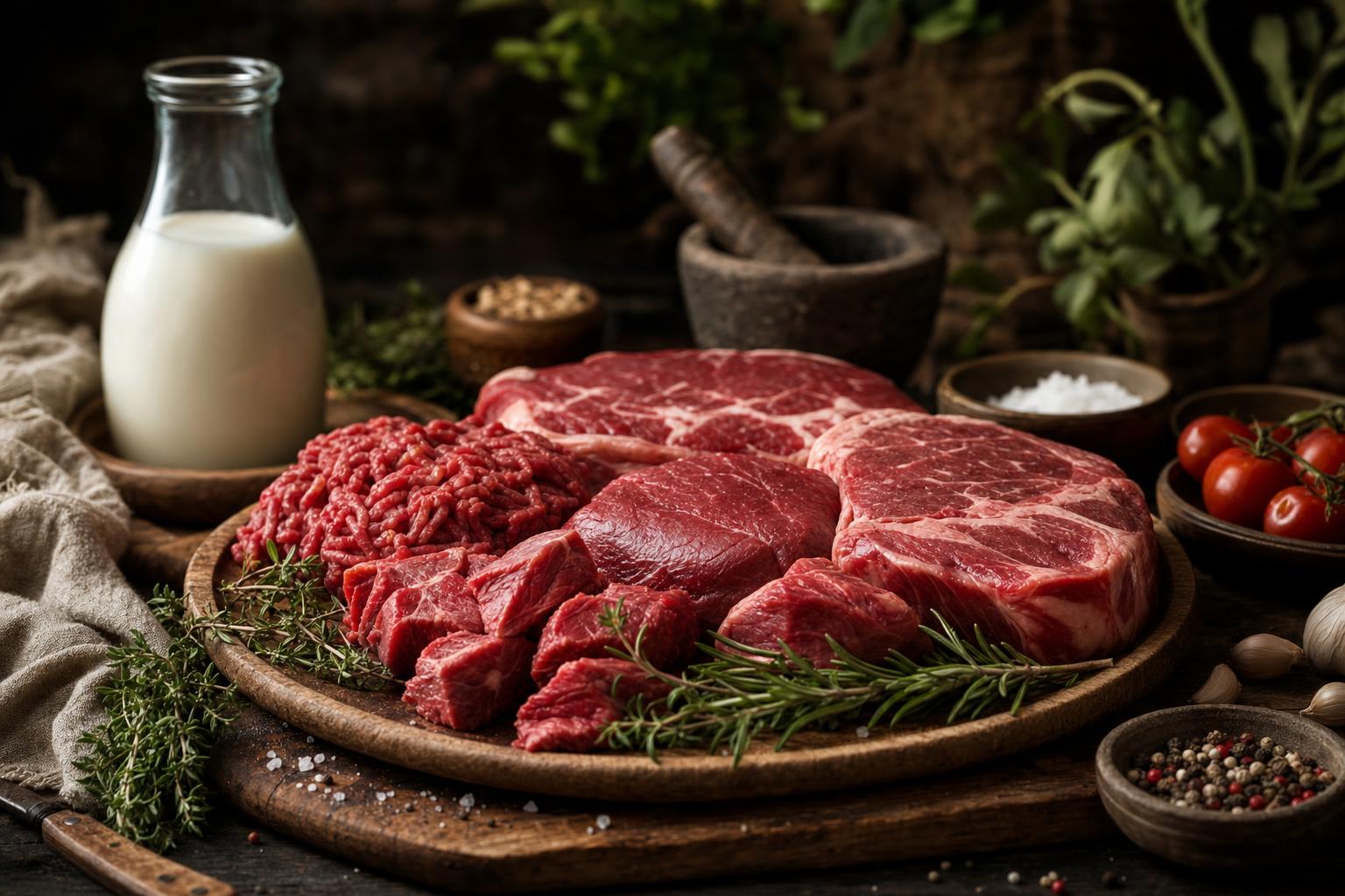 Verschiedene rohe Rindfleischstücke auf Holzbrett mit frischen Kräutern, Kirschtomaten, Gewürzen, Salz, Pfeffer und einer Flasche Milch.