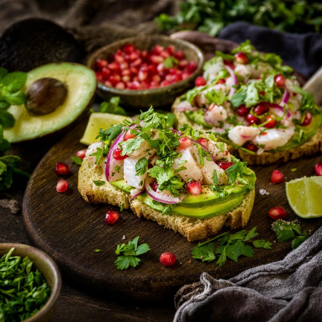 Zwei belegte Brotscheiben mit Ceviche, Avocado, frischen Kräutern und Granatapfelkernen auf einem Teller, umgeben von Zutaten.
