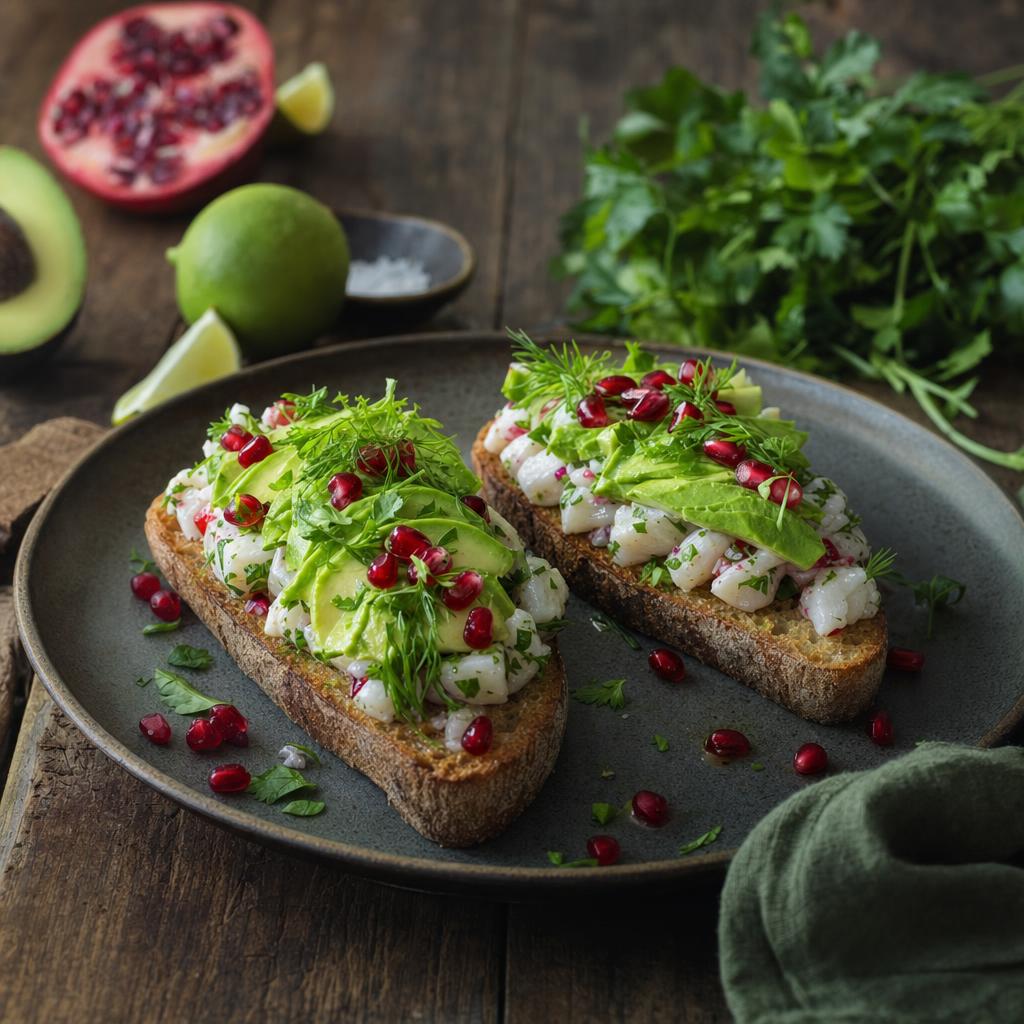 Offene Ceviche-Sandwiches auf rustikalem Brot mit Avocado, frischen Kräutern und Granatapfelkernen, umgeben von Limette und Gemüse.
