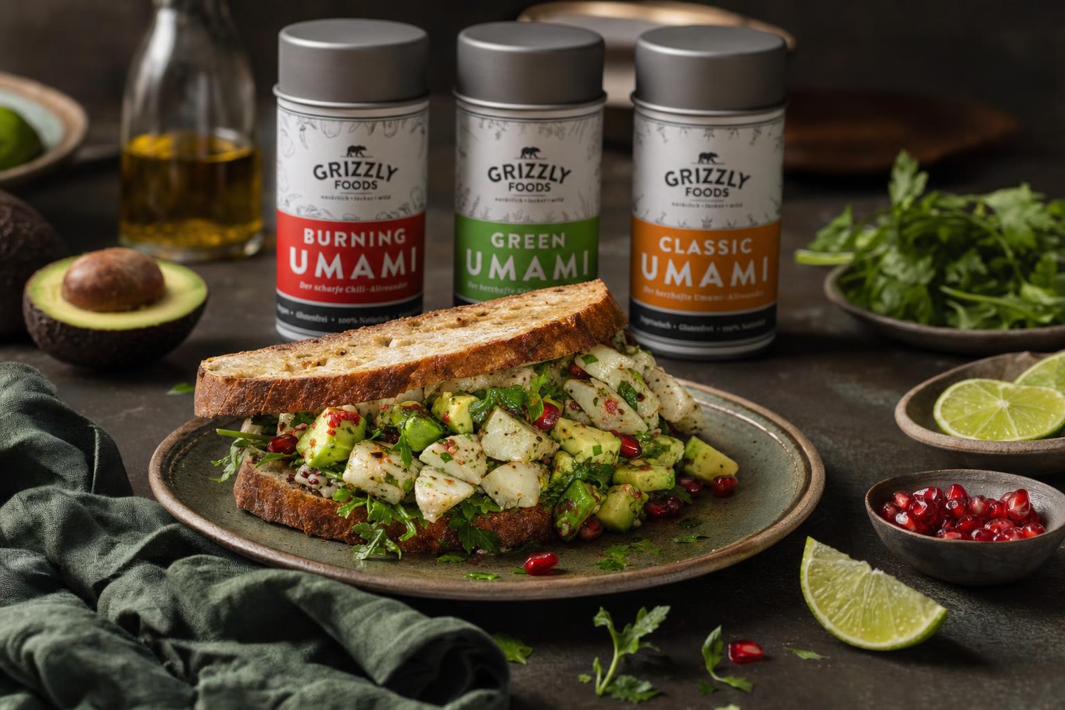Sandwich mit mariniertem Fisch, Avocado, Granatapfelkernen und frischen Kräutern auf geröstetem Brot, dazu Limettenspalten.