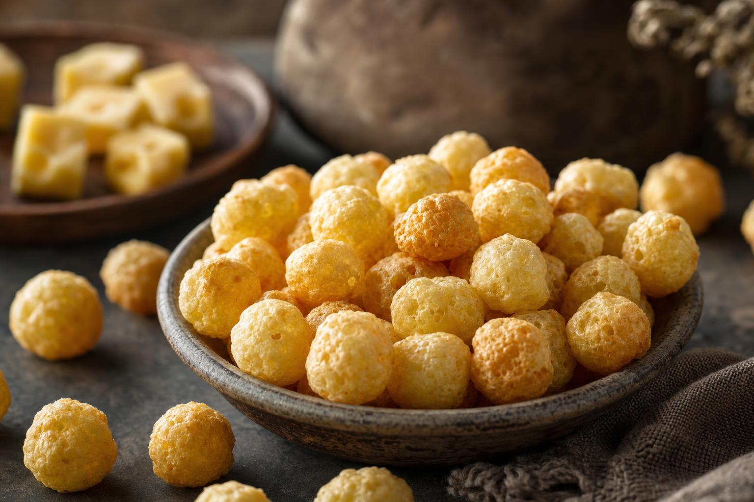 Nahaufnahme knuspriger Cheese Pops auf dunklem Teller