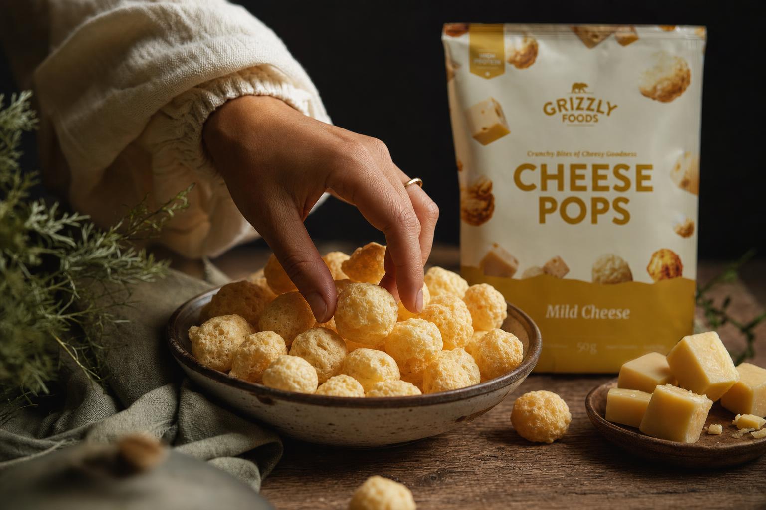 Hand greift nach Cheese Pops aus der Schale