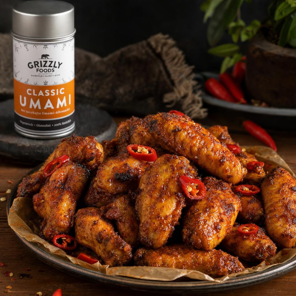 Knusprige, goldbraune Chicken Wings mit roter Jalapeño-Garnitur, glänzend von würziger Marinade, auf einem Teller angerichtet.