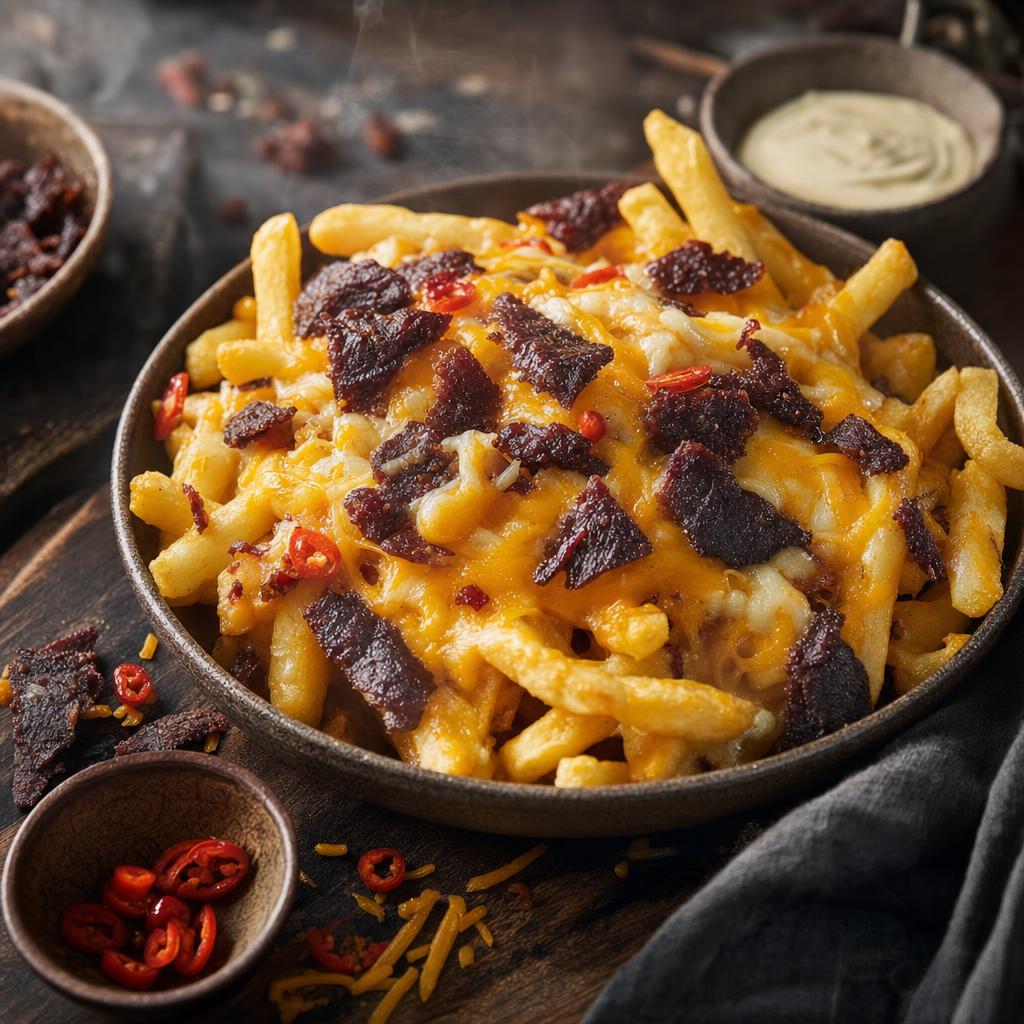 Knusprige Pommes mit geschmolzenem Käse und Stückchen würzigem Jerky, serviert in einer Schale auf rustikalem Holz.