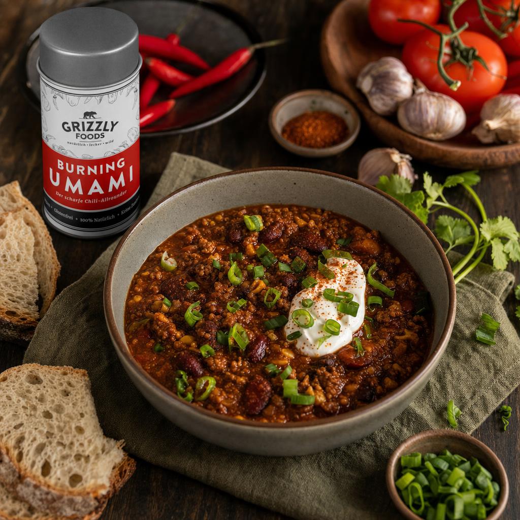 Schüssel Chili con Carne mit Sauerrahm und Frühlingszwiebeln, umgeben von frischem Gemüse und Brotscheiben auf Holzuntergrund.