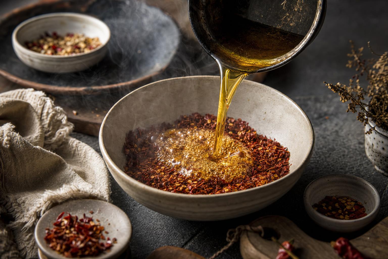Chili Crisp selber machen: heißes Öl über Chiliflocken