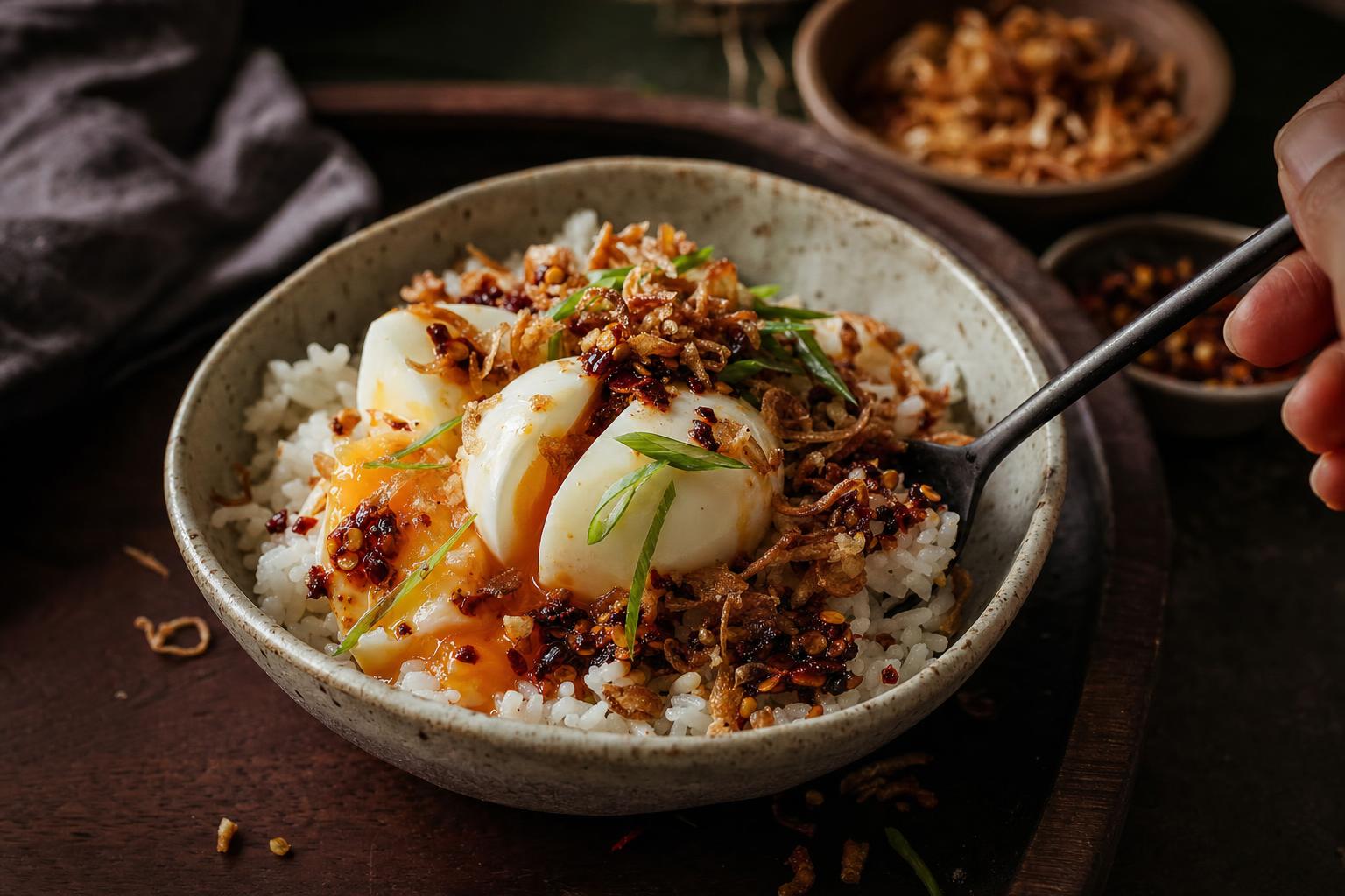 Chili Crisp selber machen: Bowl mit Ei und Crisp