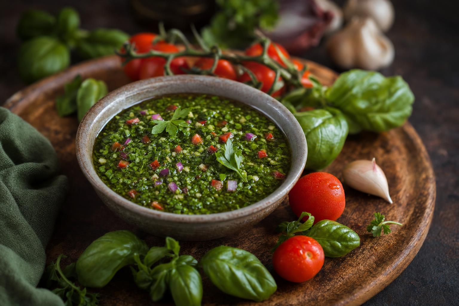 Schale mit grüner Chimichurri-Sauce, garniert mit Kräutern und Gemüsewürfeln, umgeben von Basilikumblättern und Kirschtomaten.