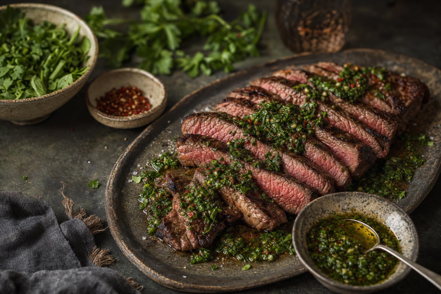 Aufgeschnittenes, gegrilltes Steak auf Holzbrett mit grüner Chimichurri-Soße und Schälchen mit Kräutern und Soße als Beilage.