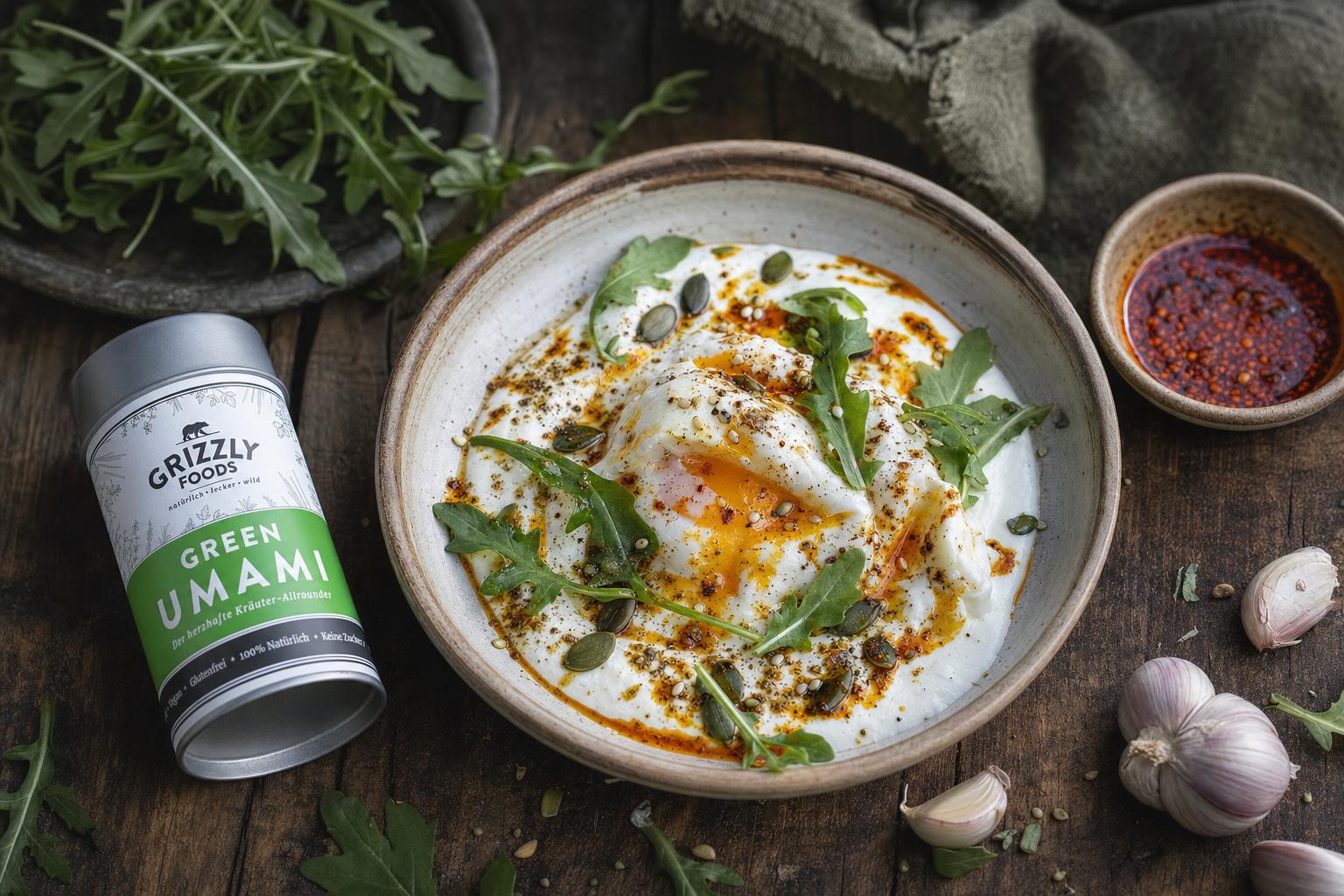 Schüssel mit pochierten Eiern auf Joghurt, garniert mit Rucola, Kernen und Chiliöl, daneben Knoblauch und weitere Rucolablätter.