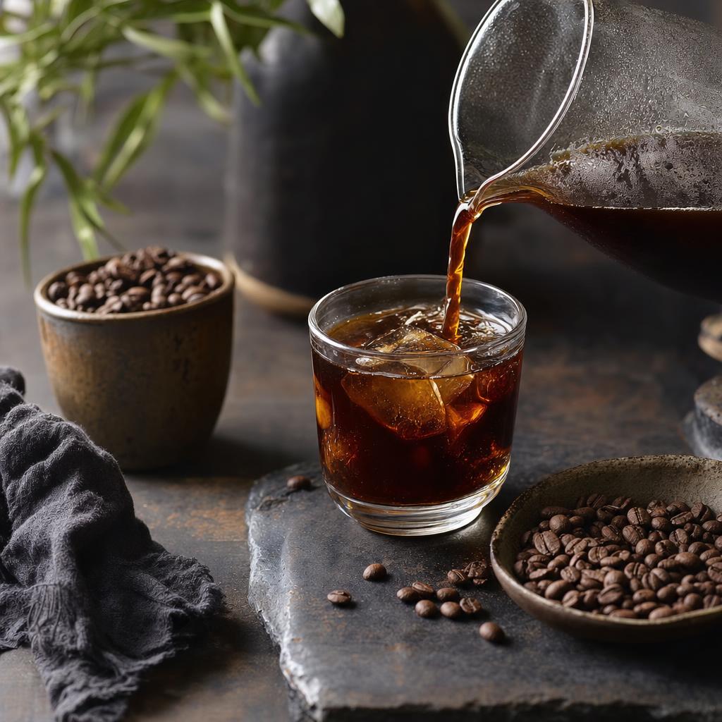 Cold Brew Coffee wird aus einer Glaskaraffe in ein kleines Glas gegossen, daneben liegen Kaffeebohnen auf einem Jutesack.
