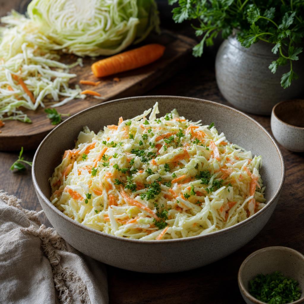 Schüssel mit cremigem Coleslaw aus fein geschnittenem Weißkohl, Karotten und Dressing, garniert mit Petersilie.