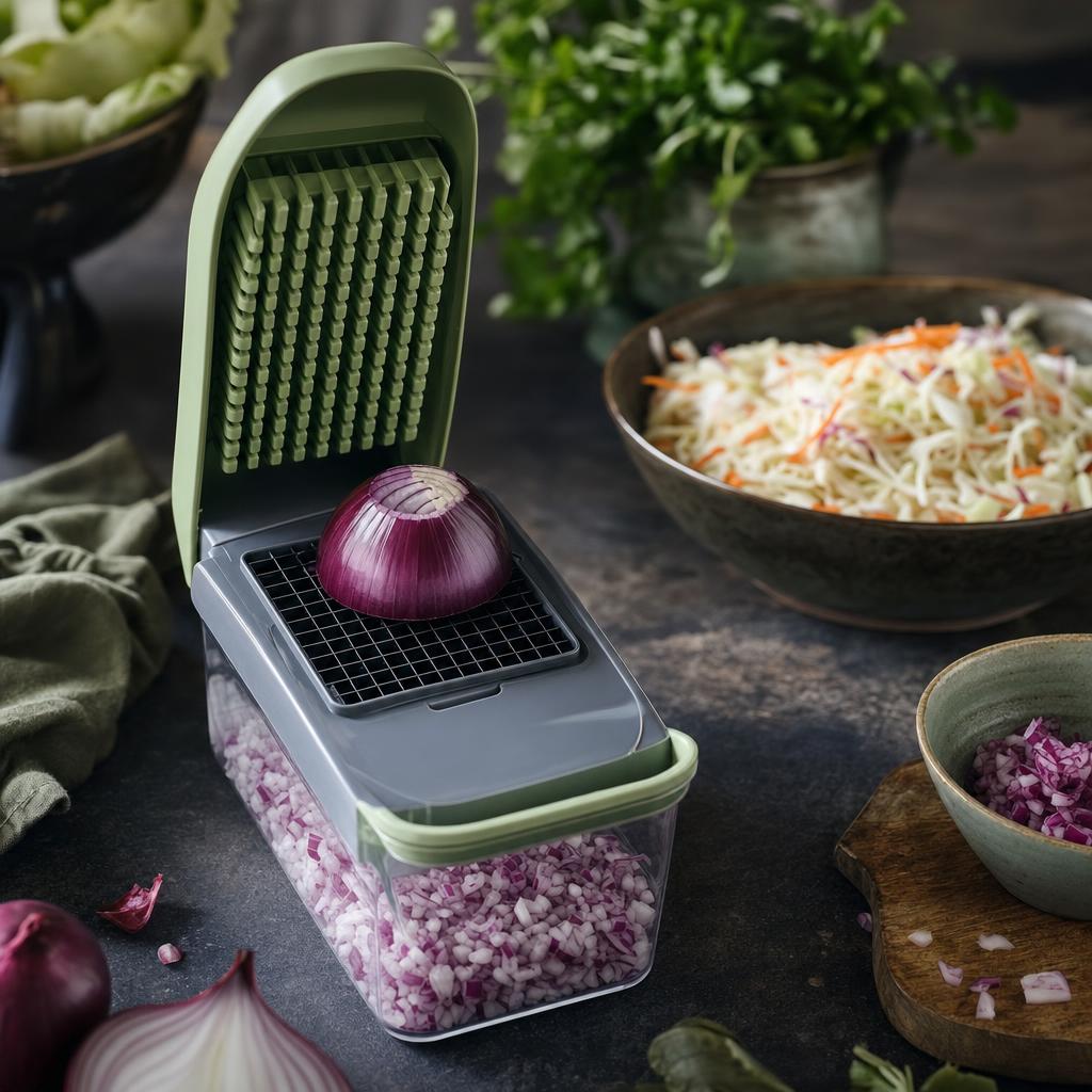 Gemüseschneider mit grünem Deckel über einem Behälter voller fein gehackter roter Zwiebeln, halbe Zwiebel auf dem Schneidegitter.