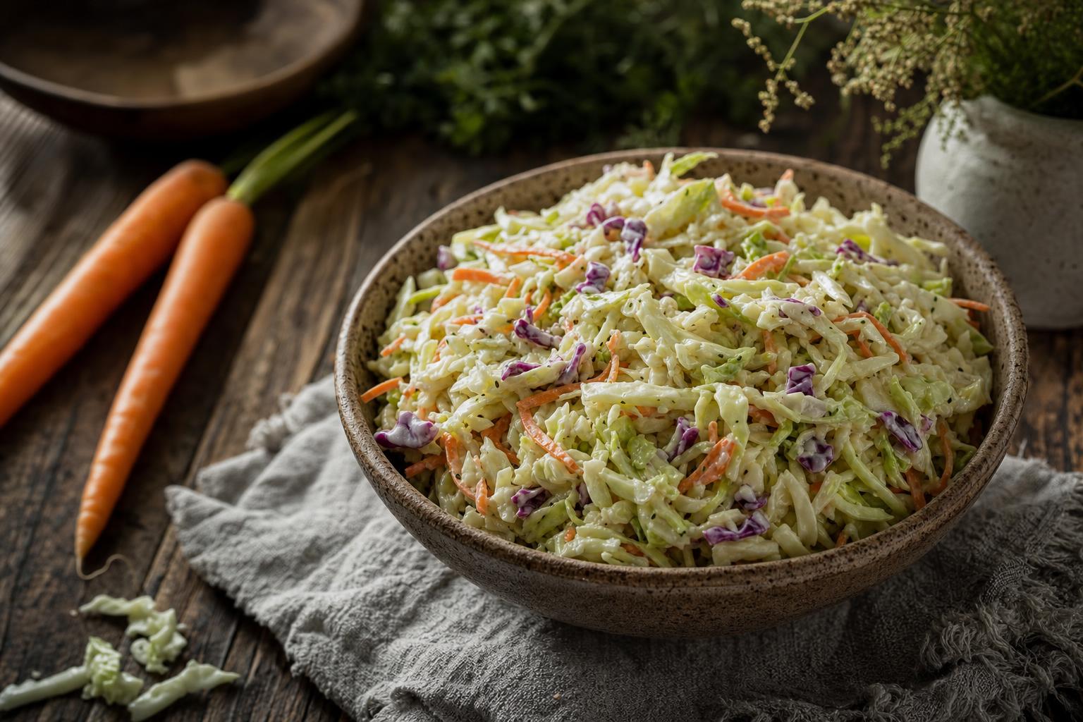 Holzschale mit cremigem Coleslaw aus fein geschnittenem Weißkohl und Karotten, daneben zwei Karotten und eine Gabel auf Tuch.
