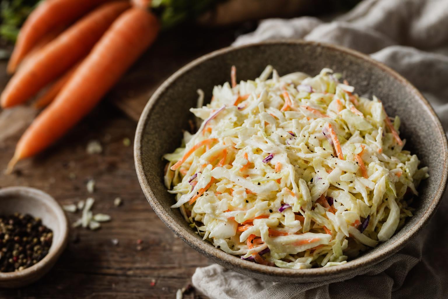 Holzschale mit cremigem Coleslaw aus fein geschnittenem Weißkohl und Karotten auf rustikalem Holztisch, im Hintergrund ganze Karotten.