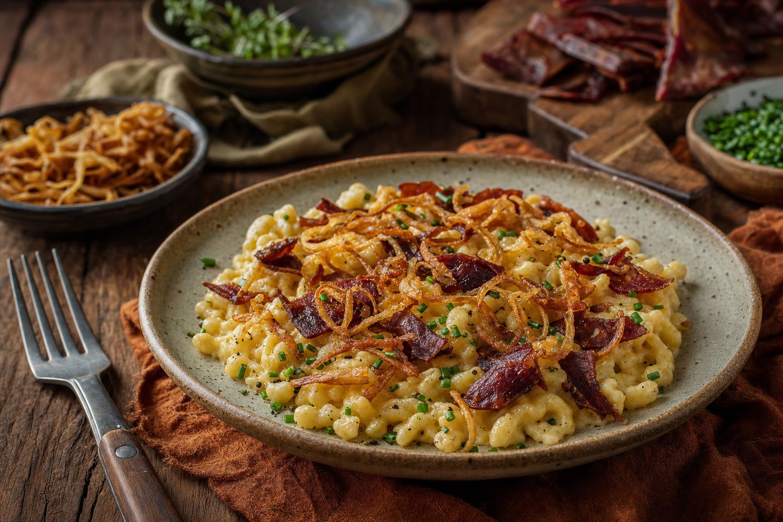 Cremige Käsespätzle auf Tellern, üppig mit goldbraunen Röstzwiebeln bestreut, serviert auf rustikalem Holztisch mit Kräutern.