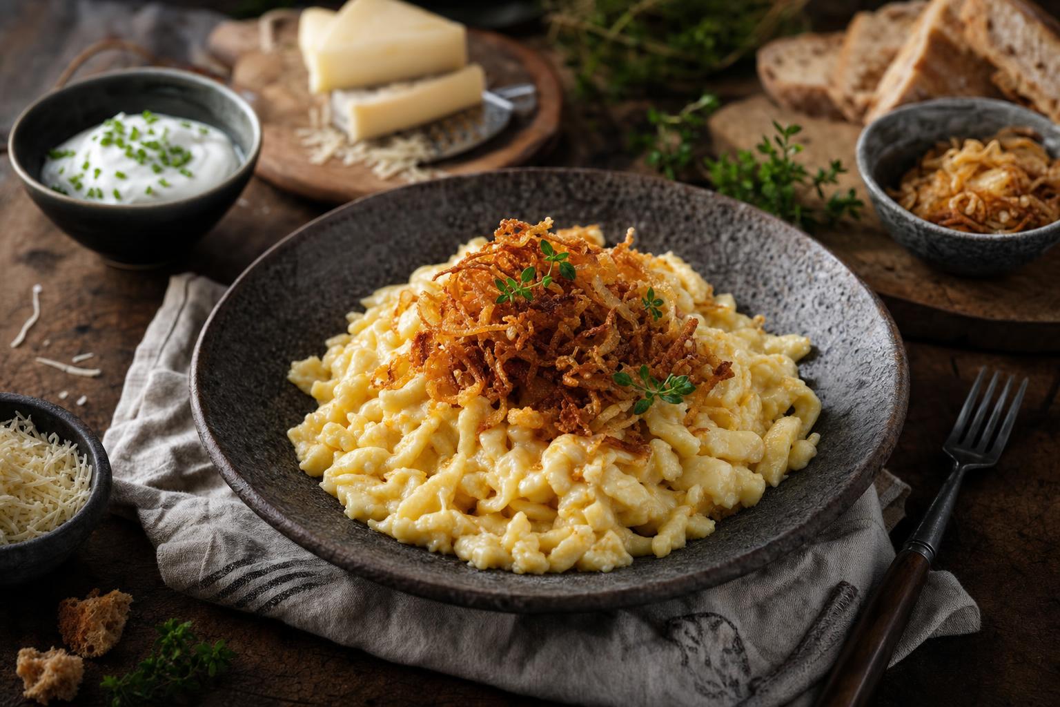 Cremige Käsespätzle mit goldbraunen Röstzwiebeln und frischen Kräutern auf einem Teller, umgeben von Käse, Sauerrahm und Brot.