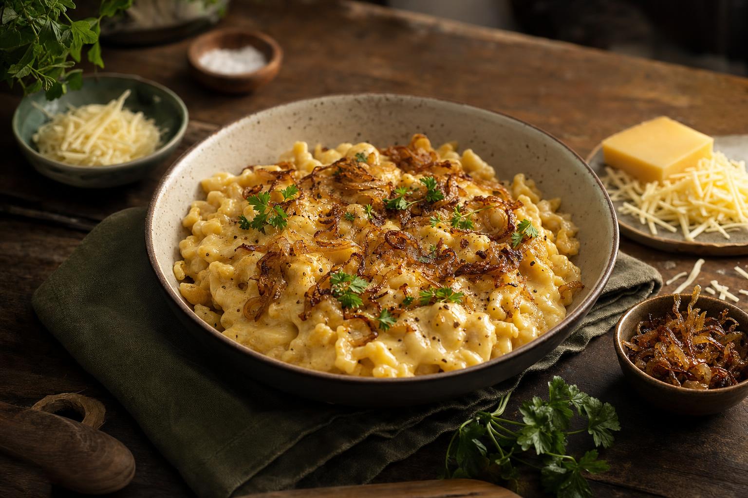 Käsespätzle in Gusseisenpfanne mit goldbraunen Röstzwiebeln und frischen Kräutern, daneben Schälchen mit Käse und Zwiebeln auf Holztisch.