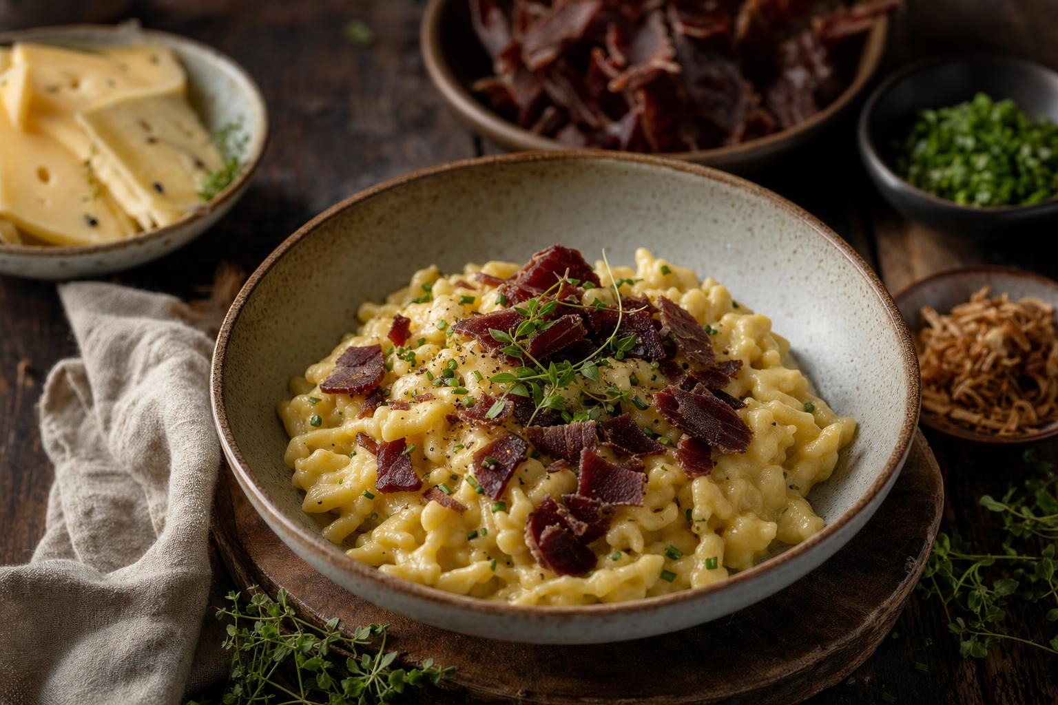 Schüssel mit cremigen Käsespätzle, bestreut mit knusprigem Beef Jerky und frischen Kräutern, daneben kleine Schalen mit Käse und Kräutern