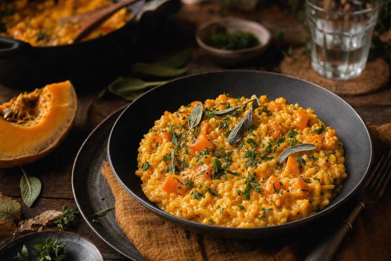 Cremiges Kürbisrisotto mit Kürbisstücken in dunklen Schalen, garniert mit frischen Kräutern auf rustikalem Holztisch, herbstliche Stimmung