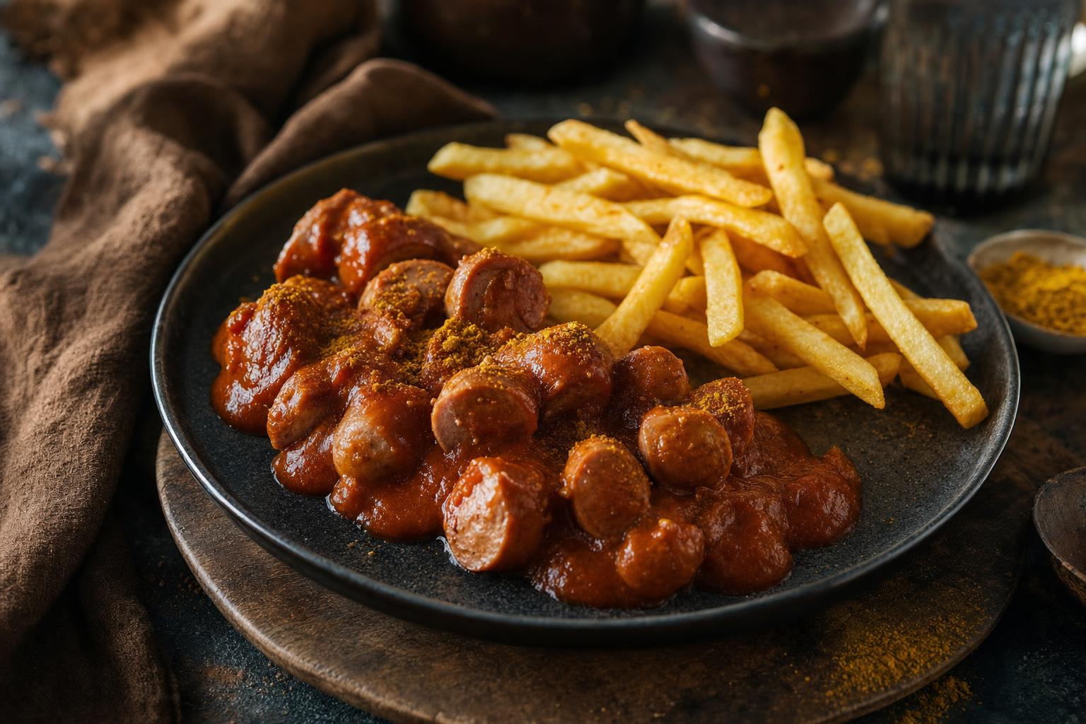 In Scheiben geschnittene Currywurst mit roter Currysauce und goldenen Pommes frites auf einem dunklen Teller angerichtet.