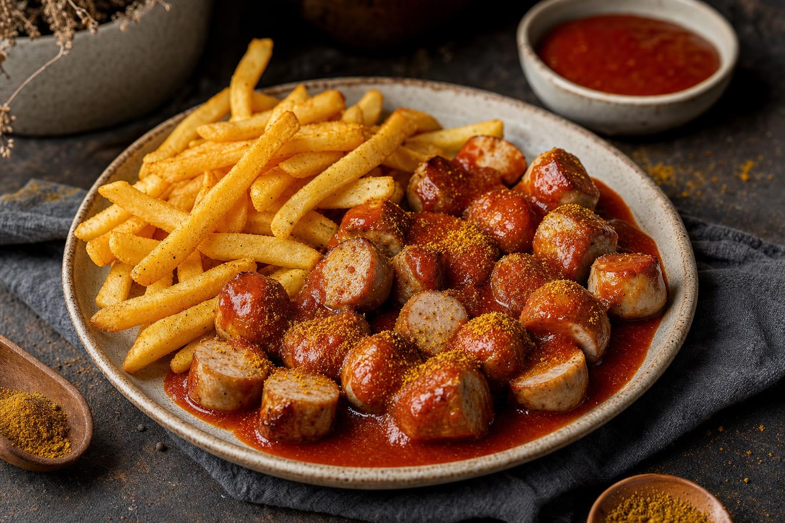 In Scheiben geschnittene Bratwurst mit roter Currysauce und Currypulver, dazu goldene Pommes und ein Schälchen Sauce.