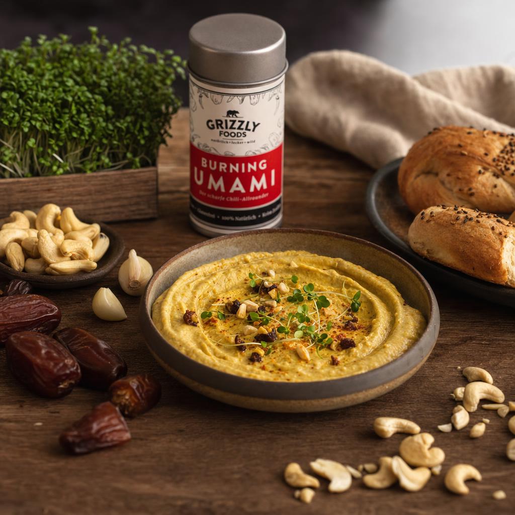 Schale mit cremigem gelbem Dattel-Curry-Dip, garniert mit Gewürzen, umgeben von Brottwists, Datteln, Nüssen, Knoblauch und Microgreens.