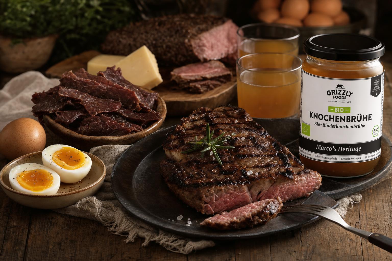 Gegrilltes Steak, Rindfleisch-Jerky, weichgekochte Eier und Gläser mit Knochenbrühe auf rustikalem Holztisch, dazu Käse und Fleisch.