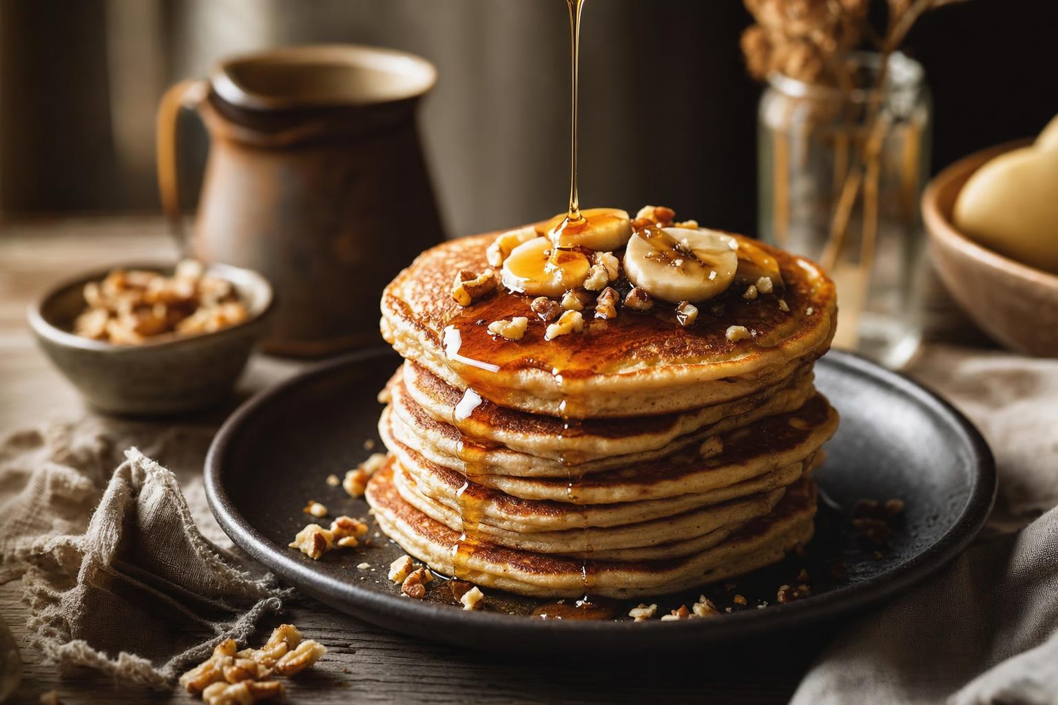 Ein Stapel goldbrauner, fluffiger Pancakes auf dunklem Teller, mit Sirup übergossen, im warmen Licht serviert.